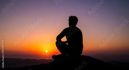 Silhouette of a person sitting on a rock watching the sunset with a colorful sky in the background