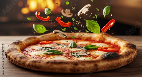 Delicious Homemade Pizza with Fresh Basil, Mushrooms, and Peppers