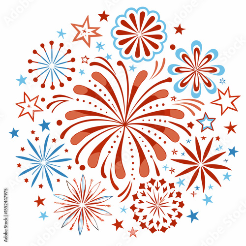Circular arrangement of red and blue fireworks and stars