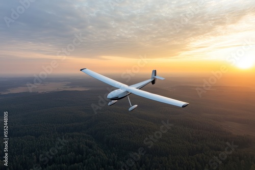 White glider soaring smoothly above green forest landscape isolated on white background