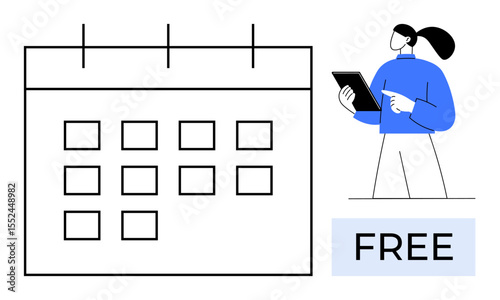 Calendar interface with organized grids, person holding tablet pointing at schedule, and Free label. Ideal for time management, scheduling, online platform, productivity, organization, booking tool