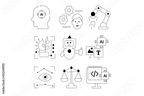Set of 9 artificial intelligence icons in flat minimal style – chatbot, machine learning, automation, ethics