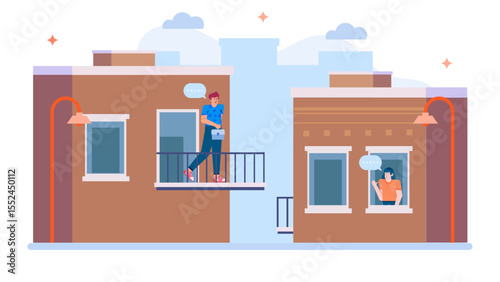 People neighbor apartment interaction. Illustrates urban lifestyle, city living, roommates, or friends in a residential area.