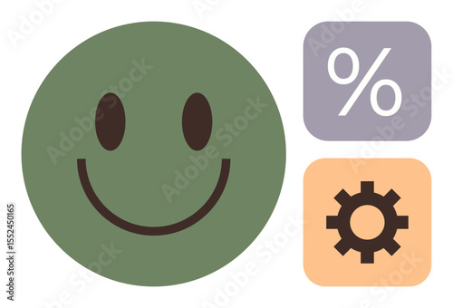 Green happy face emphasizes positivity. Purple percentage icon and orange gear symbolize optimization, analysis, and functionality. Ideal for teamwork, productivity, feedback, efficiency, operation
