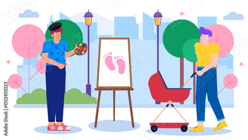 Two artists painting baby footprints in a city park, creating a colorful and heartwarming scene perfect for family related themes.