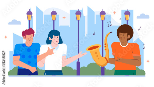 Three friends listening to a saxophone player in a city park. Great for lifestyle, leisure, music, and friendship themed designs.