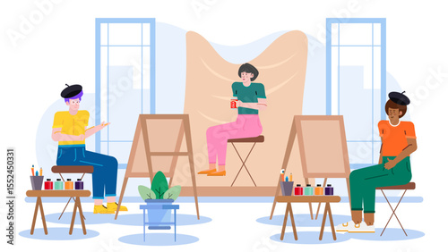 Three artists creatively painting together in a vibrant studio setting. Suitable for art schools, creative workshops, and teambuilding activities.