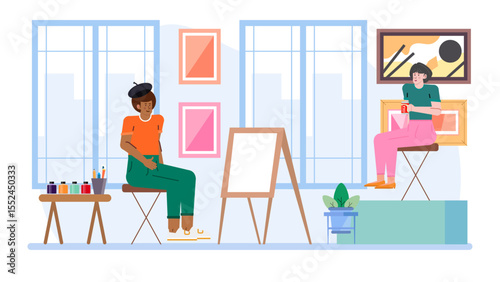 Two artists in a bright art studio near an easel, suitable for art school promotions or creative workspace concepts.