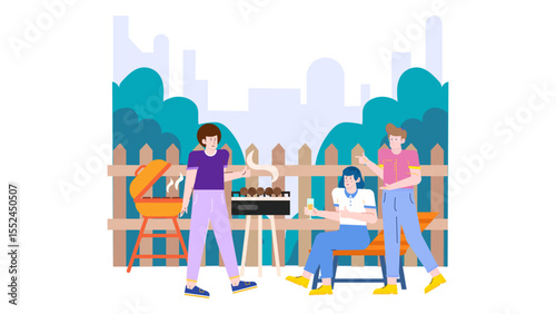 Three friends socialize and grill food at a backyard barbecue, perfect for summer gatherings, friendship, and outdoor cooking concepts.