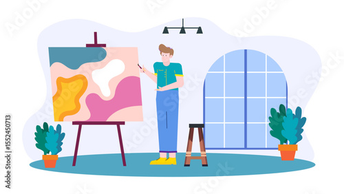 Man painting abstract artwork in studio, suitable for art blogs, creative posters, design inspiration, art class materials, and artist portfolios.