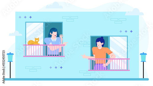 Two women chatting on balconies with a cat nearby. Ideal for social interaction, pet ownership, urban lifestyle, neighborly conversations concepts.