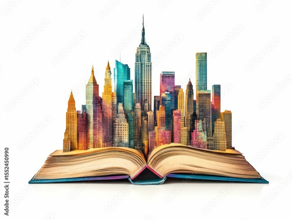 Fototapeta premium Open book revealing colorful New York City skyline