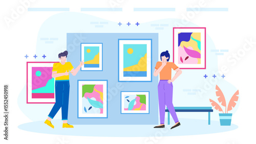 Two people admiring contemporary art in a gallery, suitable for art events, museum promotions, cultural concepts, and leisure activities.
