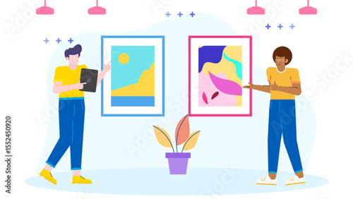 Two people admire colorful abstract artwork in a gallery. Suitable for art blogs, interior design concepts, gallery promotions, and creative presentations.
