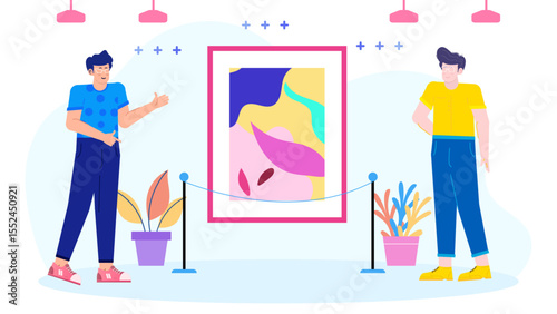 two man at gallery art exhibition, people interaction social life concept