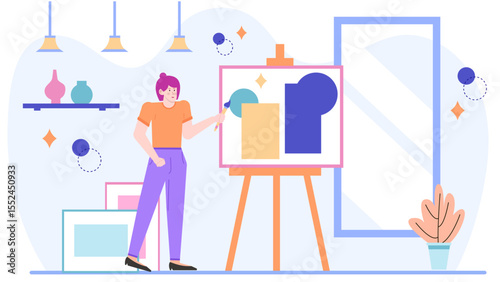 Woman painting abstract shapes on easel in art studio. Suitable for art blogs, interior design websites, or creative advertisements.