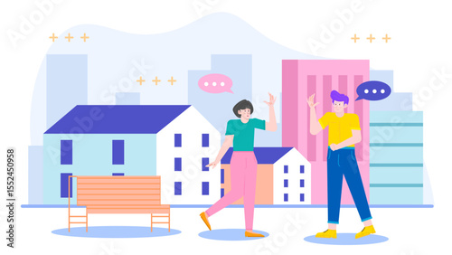 Two people greet in a city, perfect for social interaction concepts, diverse urban scenes, multicultural communication themes in marketing materials.