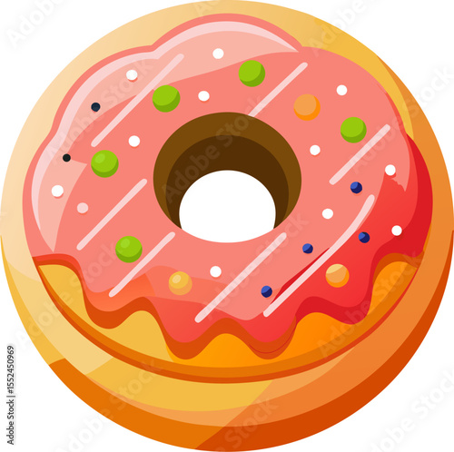 Bold flat illustration of a sushi donut (circular sushi) with colourful toppings with white background.