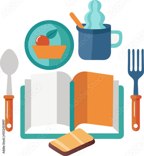 Minimalist flat vector of a cookbook propped open next to utensils with white background.