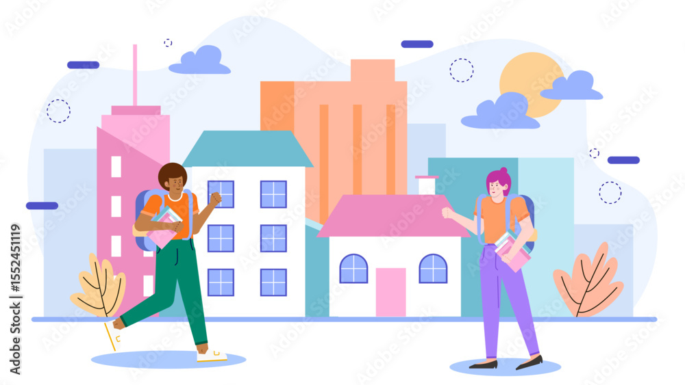 Two students carrying books near city buildings. Suitable for educational, urban, lifestyle, college, university, student themes in design projects. Two students carrying books near city buildings. Suitable for educational, urban, lifestyle, college, university, student themes in design projects.