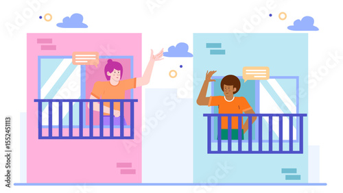 Two people chat from balconies on neighboring buildings. Ideal for illustrating urban communication, social distancing, friendship, or neighborhood interactions.