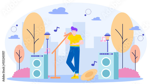 Man sings in a park near speakers and trees, suitable for promoting outdoor events, music performances, and public gatherings.