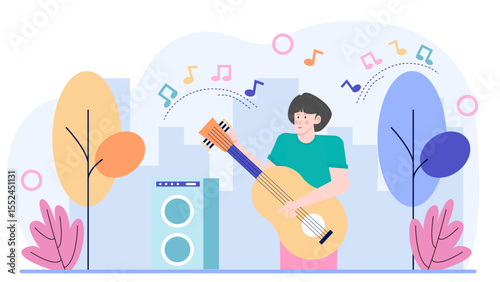 Person playing guitar outdoors near a speaker, suitable for music events, outdoor concerts, music festivals, live performances, and entertainment concepts.