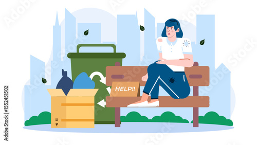 Sad woman on bench near city bin, symbolizing help needed. Suitable for mental health awareness, social issues, and charity concepts.