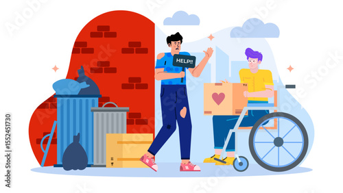 Illustration of kind person assisting needy man in wheelchair. Suitable for charity organizations, healthcare facilities, disability awareness campaigns, and kindness themes.