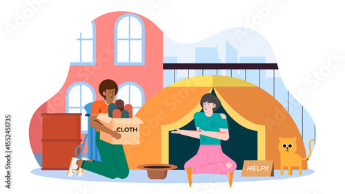 Kindhearted person donates clothes to a homeless individual living in a tent. Compassion, charity, homelessness awareness, social issues, poverty.