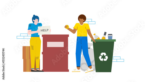 Donation box with person donating and recycling bin suitable for charity or environmental campaigns and social responsibility concepts.