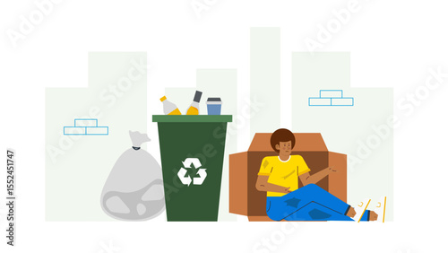 Man sits sadly in a box near a recycling bin. Depicts homelessness, environmental awareness. Suitable for social issues, charity campaigns.