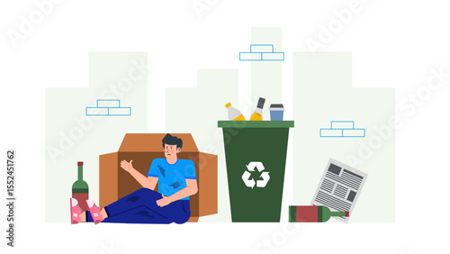 Sad man sitting in box near recycling bin, concept of loneliness and recycling. Suitable for environmental, mental health, recycling concept designs.