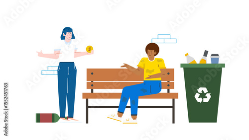 Woman shares coin with person on park bench by recycle bin, showing kindness, charity, community, or homelessness support concepts.