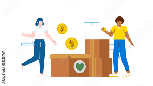 Two people donate coins to a charity box. Suitable for fundraising concepts, charitable organizations, donations, philanthropy campaigns, volunteering initiatives.