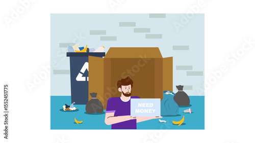 Man near trash holding sign, portraying poverty and need for financial assistance. Suitable for social issues, charity campaigns, and homelessness awareness.