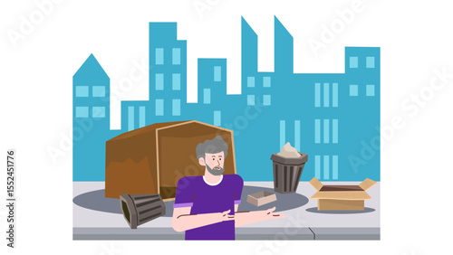 Man in abandoned urban area with trash and boxes around. Suitable for concept of homelessness, urban decay, and environmental issues.
