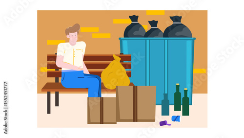 A man looking unhappy sitting near an overflowing trash dumpster. Suitable for environmental and social issues concepts in design projects.