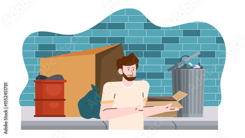 Bearded man holding a box next to trash cans and brick wall, suitable for environmental activism or donation concepts.