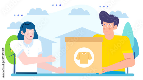 Two people bartering clothes outdoors. Suitable for charity, thrift store concept, exchanging items, community support, donation drive promotion.