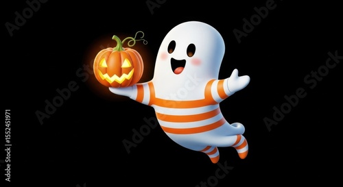 Cute cartoon ghost character holding a glowing pumpkin lantern during Halloween celebration