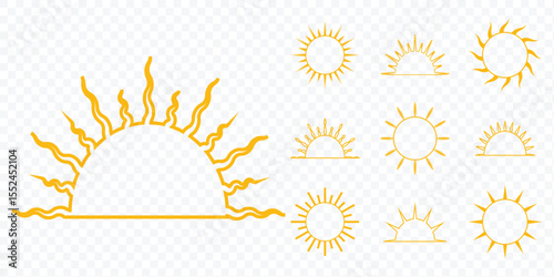 Sun icons set. Sun weather symbol collection. Sunshine, sunlight, sunburst icon set. Sun day sign. eps 10