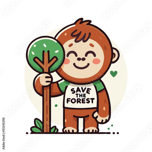 Cute Orangutan Holding Tree Cartoon Illustration for Conservation Concept Design