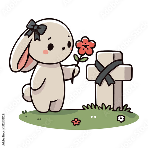 Cartoon Bunny with Flower Stands By Tombstone with Black Ribbon Bow