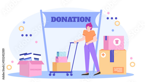 Woman pushing a donation cart with boxes of clothes and medicine, suitable for charity, nonprofit, philanthropy, humanitarian aid concepts.