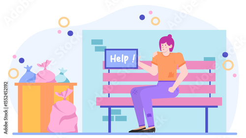 Poor woman sitting on a bench holding a help sign near trash, conveying homelessness and despair. Suitable for social issues concept.