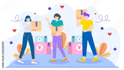 Three people carry donation boxes for a charity organization, suitable for nonprofit events, fundraising campaigns, volunteer initiatives, and community support.