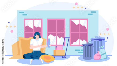 Homeless woman near trash cans outside a damaged building. Suitable for illustrating homelessness, poverty, and urban decay in design projects.
