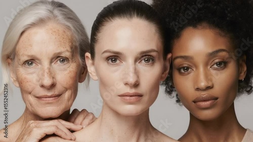 Three diverse women of different ages posing together in studio