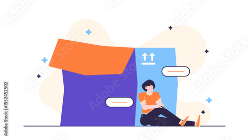 Woman sitting by a large box, pondering, wondering, or contemplating something. Suitable for business, relocation, storage concept designs.